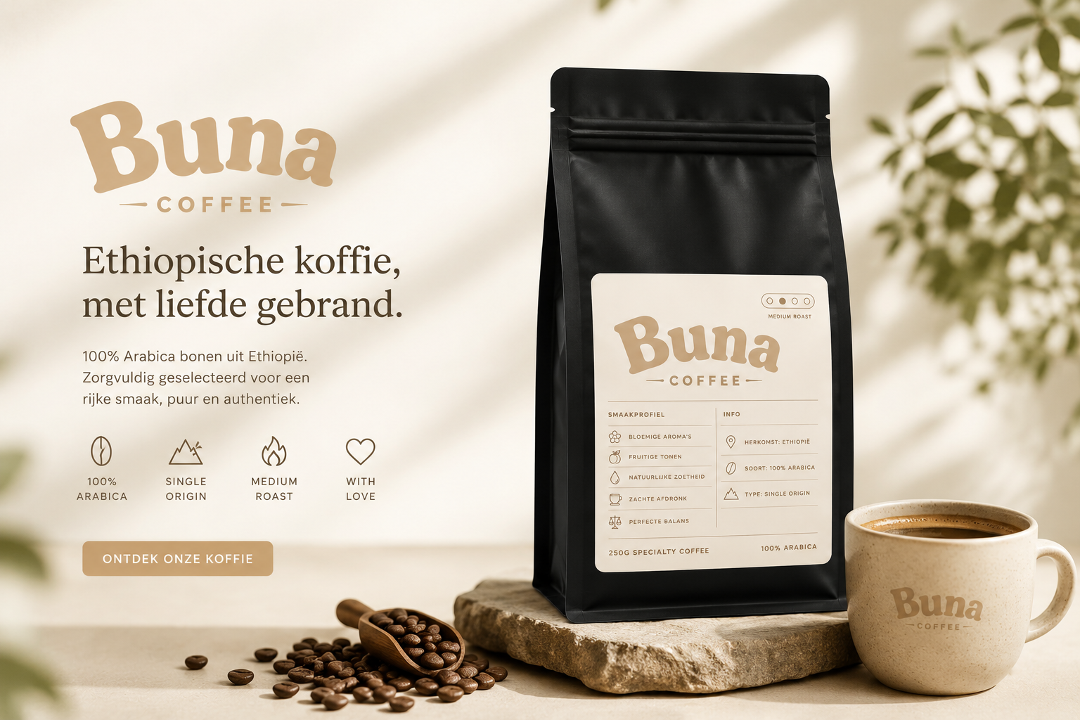 buna coffee ethiopische koffie, met liefde gebrand, 250g verpakking met koffiebonen en kop koffie