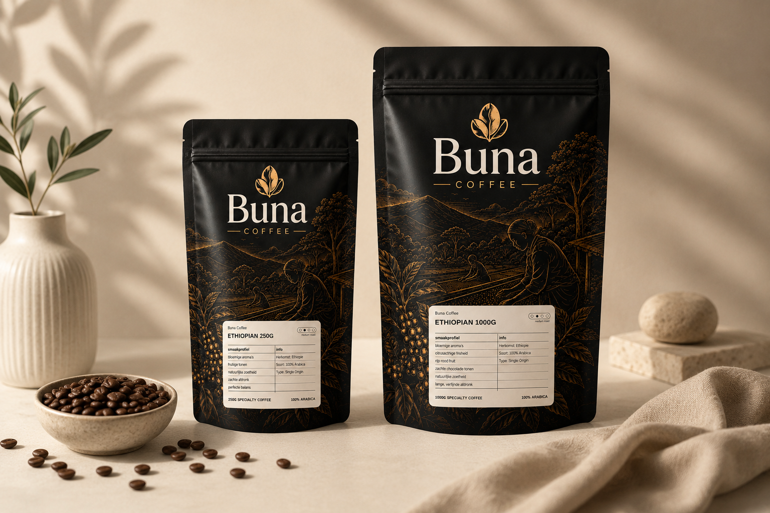 buna coffee verpakkingen met koffiebonen in een warme setting