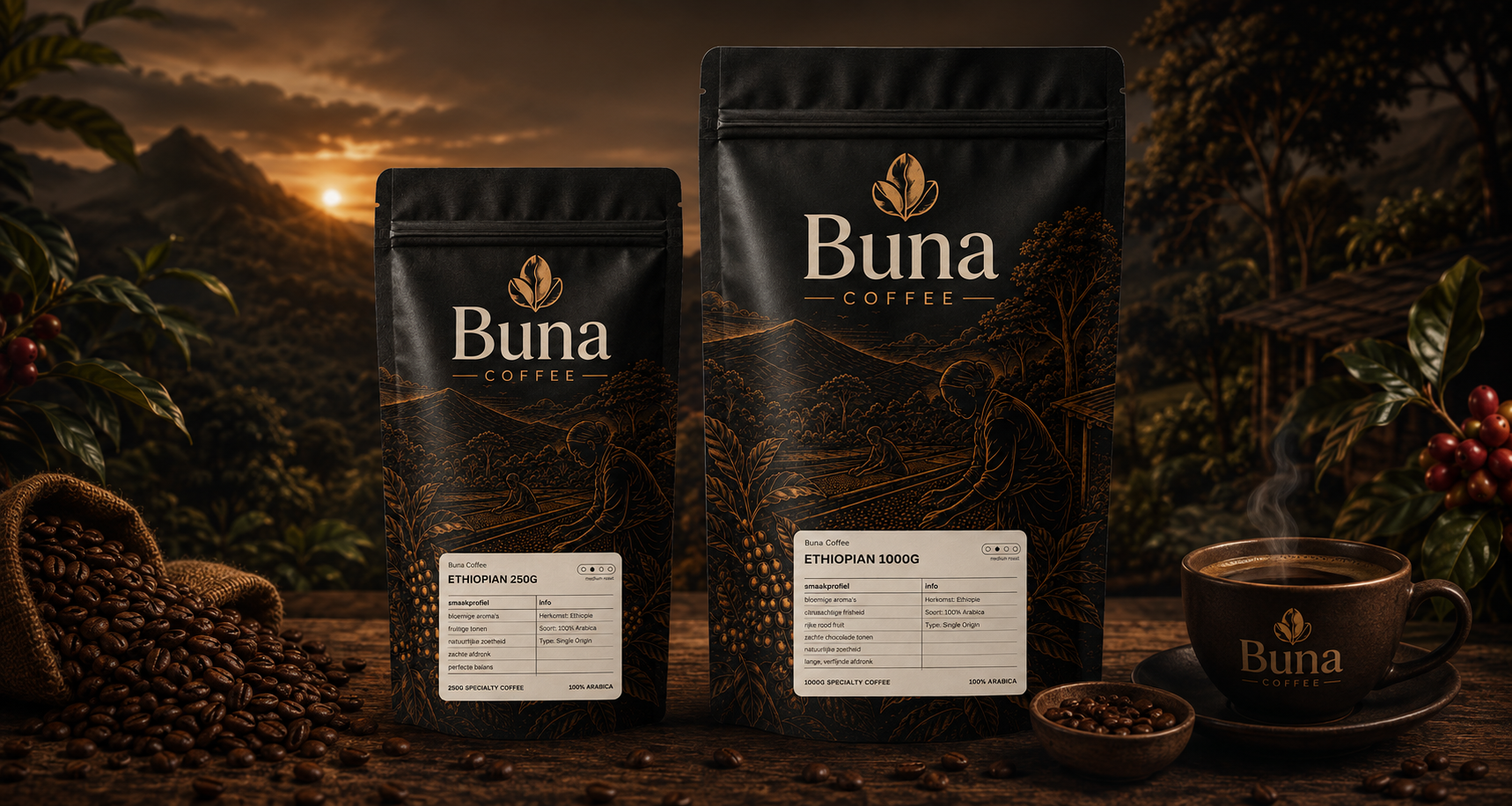 buna coffee verpakkingen op een ethiopische koffieplantage bij zonsondergang
